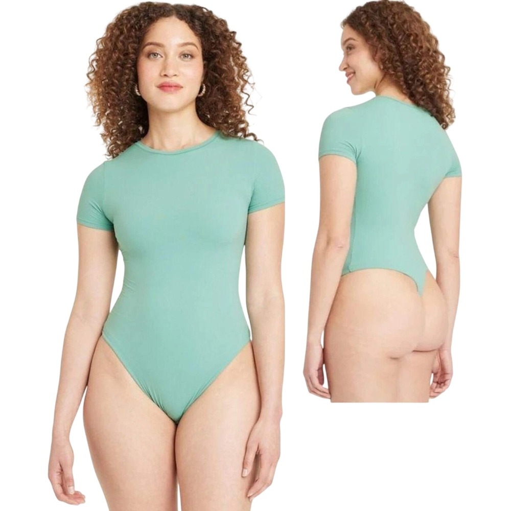 Auden Luxury Collection Women's Mint Green Short Sleeve Thong Bodysuit Size M